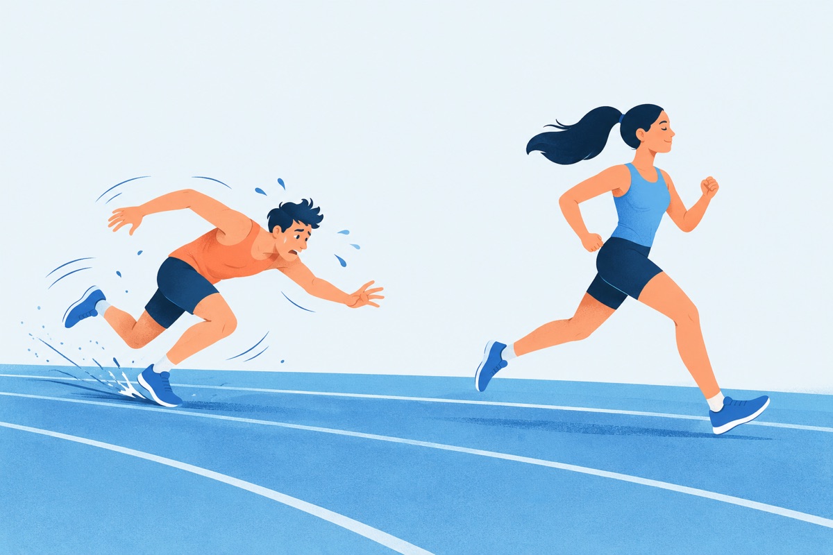 Two runners on a track: one sprinting wildly and stumbling, the other running at a steady, controlled pace and pulling ahead.