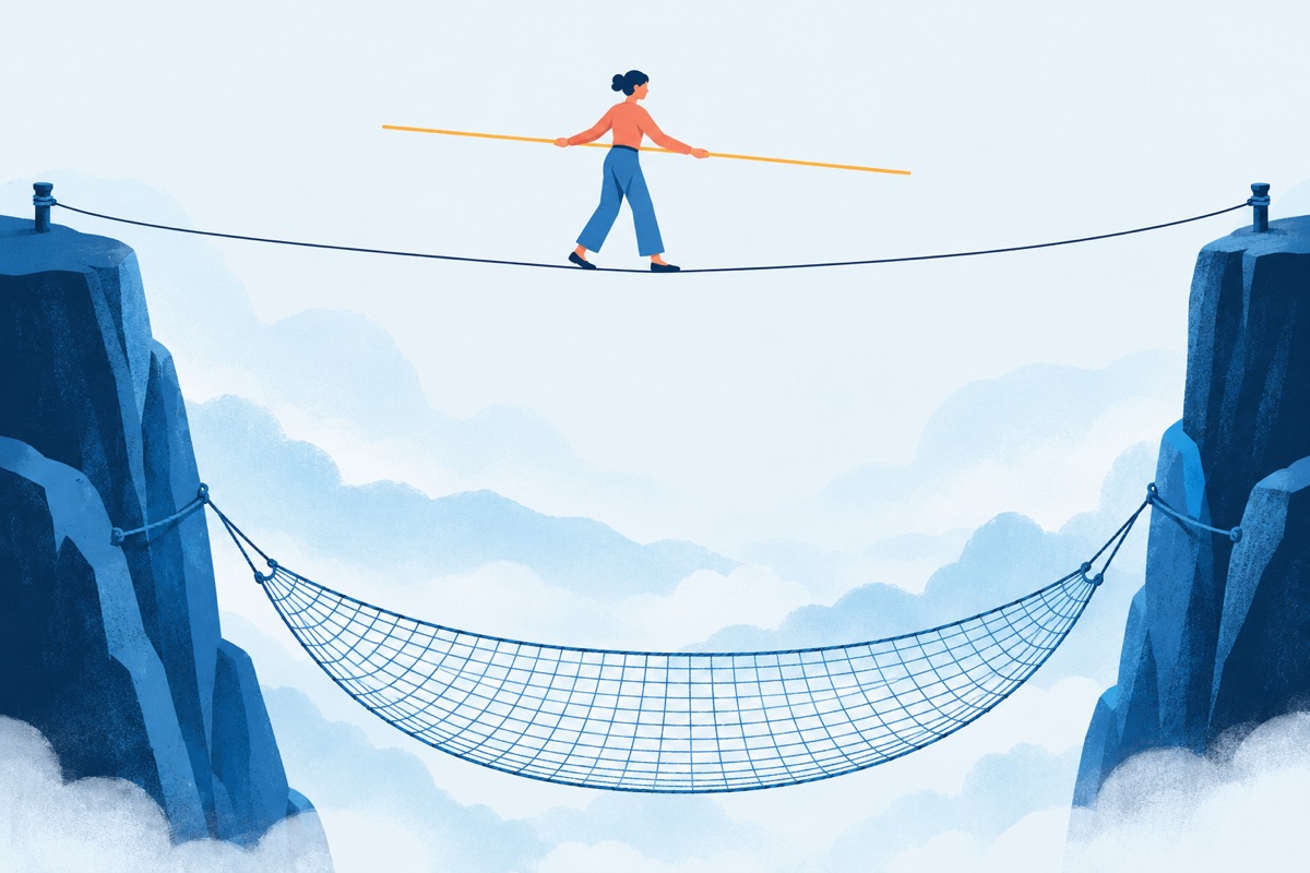 A tightrope walker stepping carefully across a high wire with a safety net stretched far below.