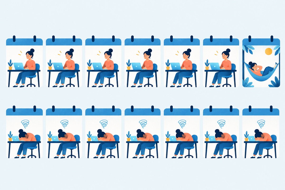 A row of seven calendar squares where six show a person working at a desk with steady energy and the seventh shows the same person asleep in a hammock, next to a second row where all seven squares show the person slumped and exhausted at the desk.