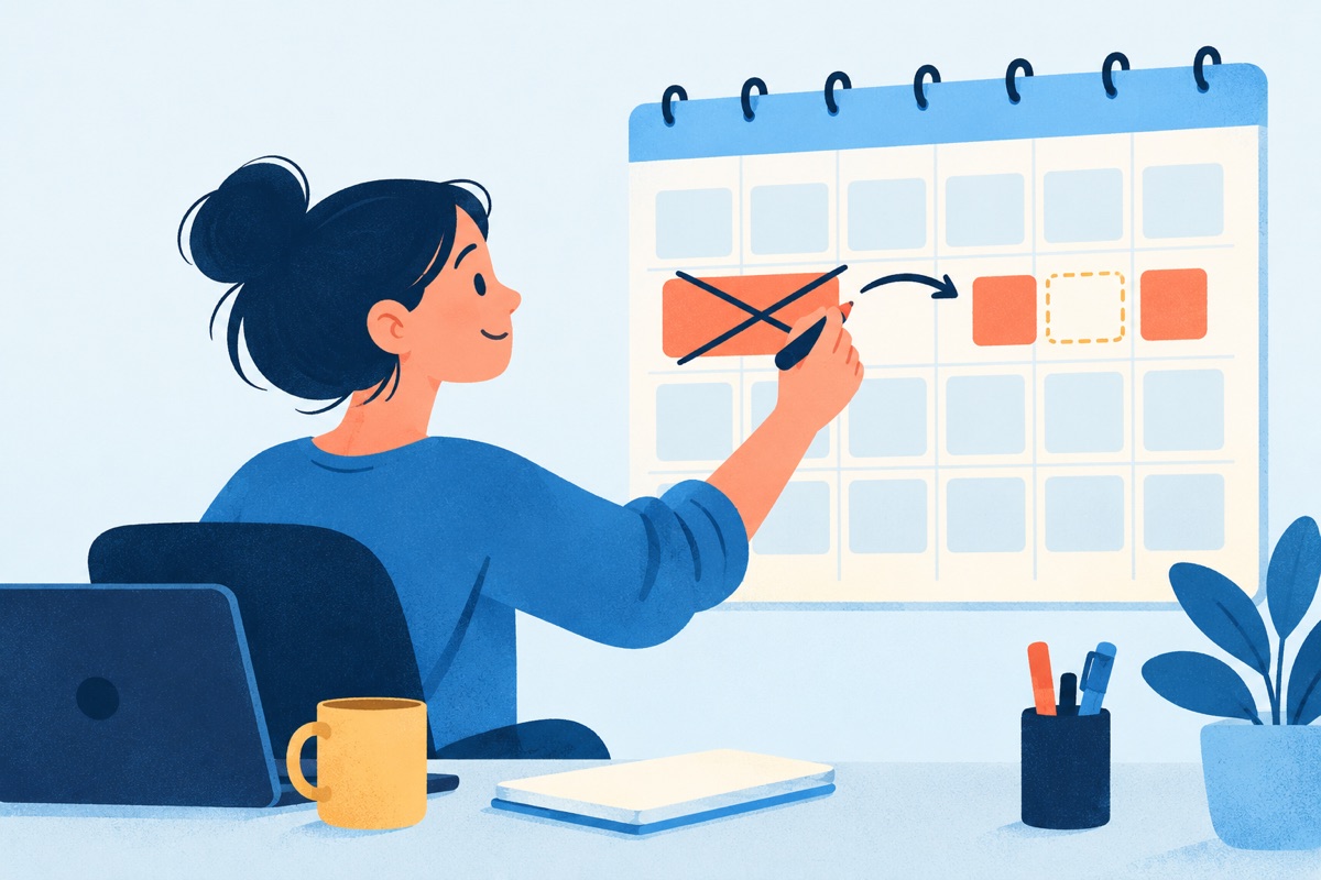 A person at a desk crossing out a big heavy block on a wall calendar and replacing it with two small blocks separated by an empty square.