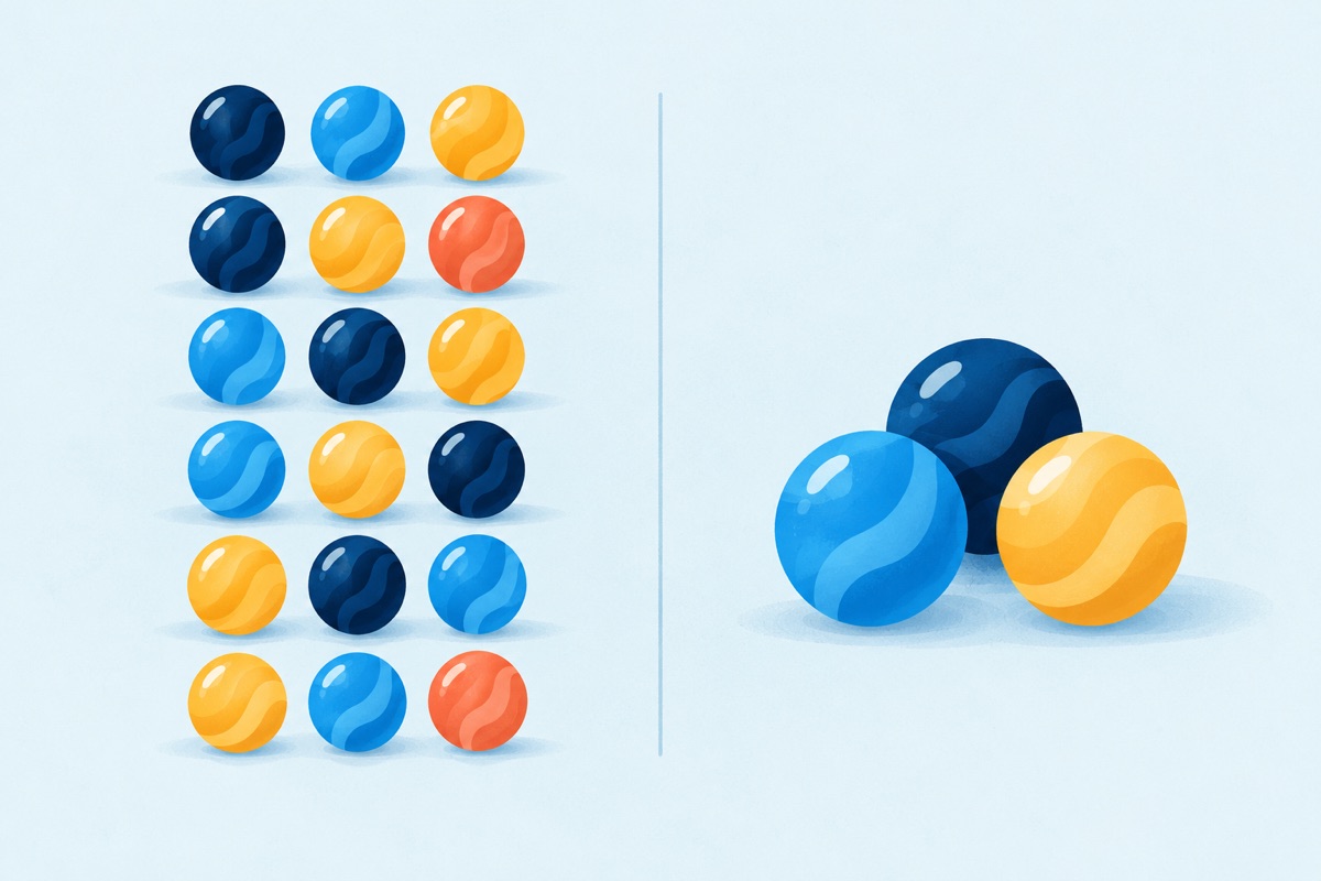 Three colored marbles shown in six different left to right rows on one side, and a single loose pile of the same three marbles on the other side.