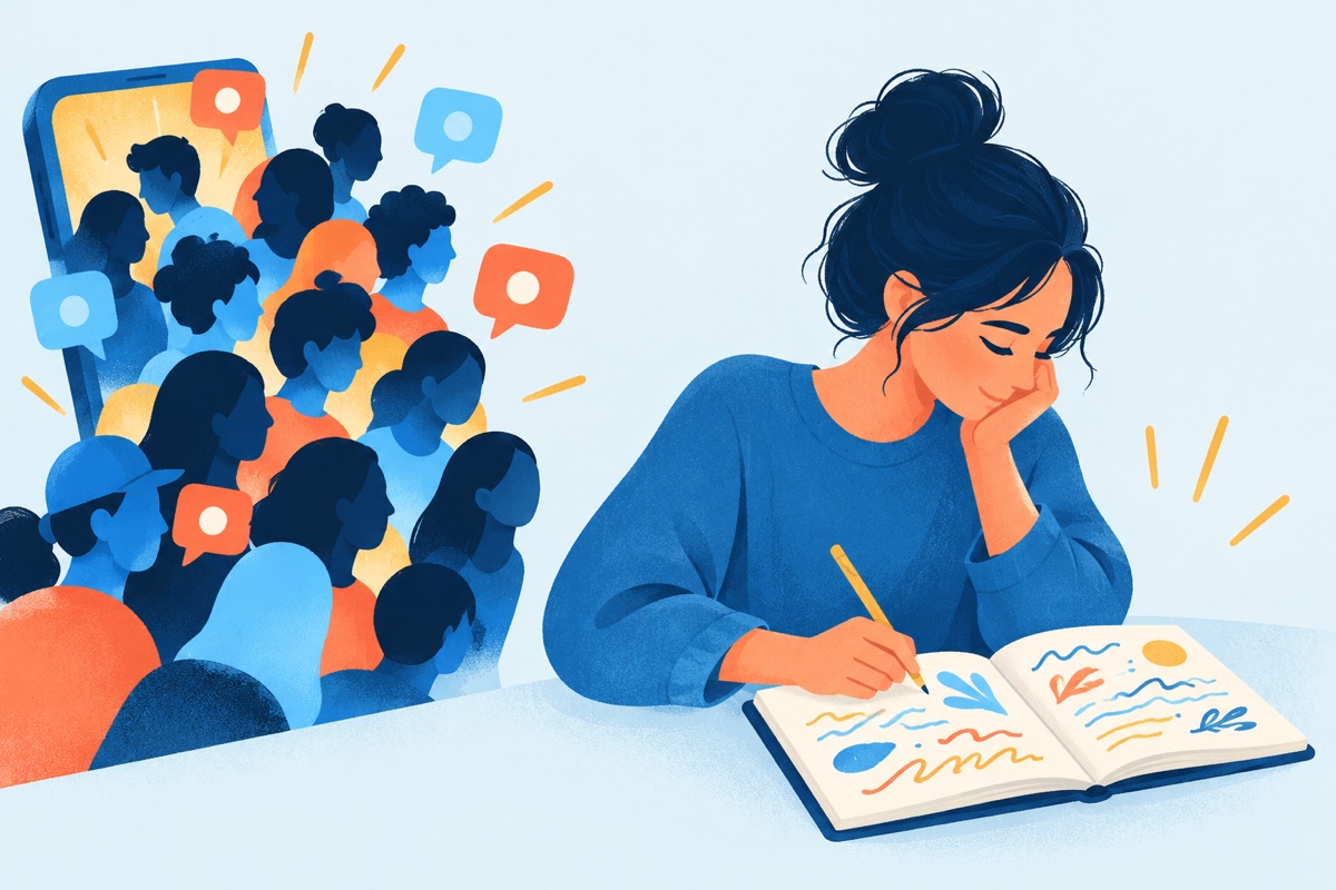 A person turns away from a glowing phone crowded with faceless strangers and looks down at their own open notebook full of handwritten work.