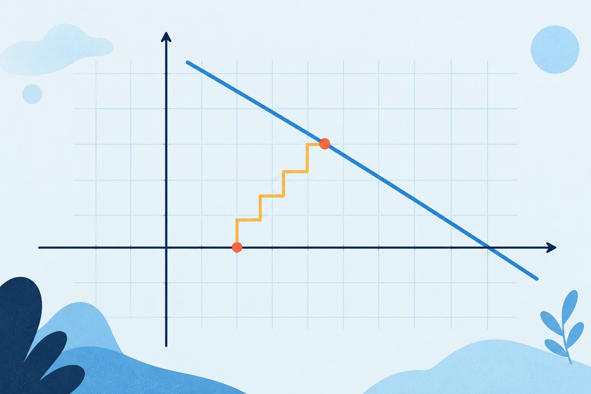 A slanted straight line on a square grid, with small staircase steps drawn along it going down and to the left from a marked dot until the steps touch the flat horizontal axis.