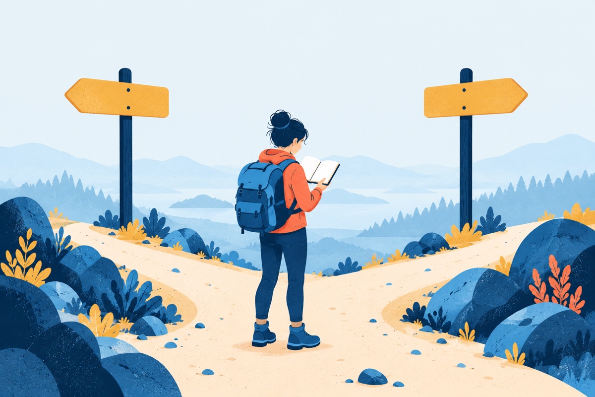 A hiker stands at a fork in a trail with two blank signposts, looking down at a notebook in their hands instead of at the signs.