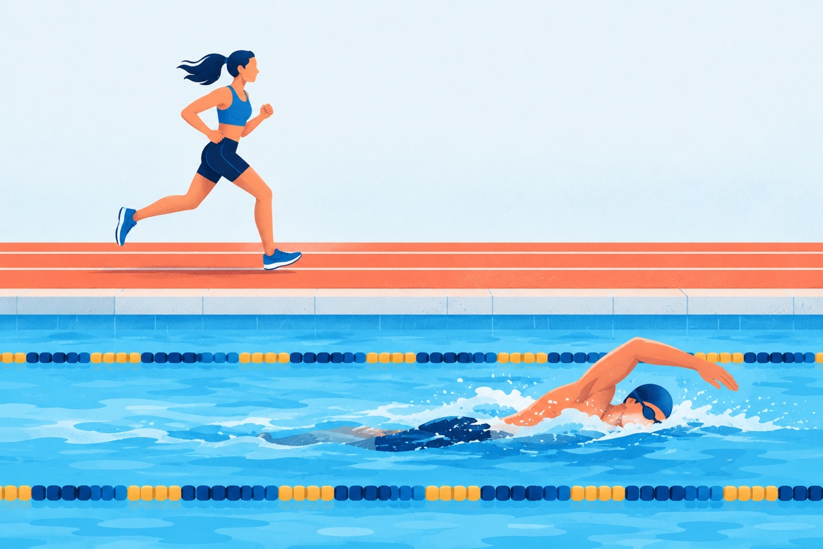 A runner jogging laps on a track while a swimmer glides past in a pool lane right beside it.