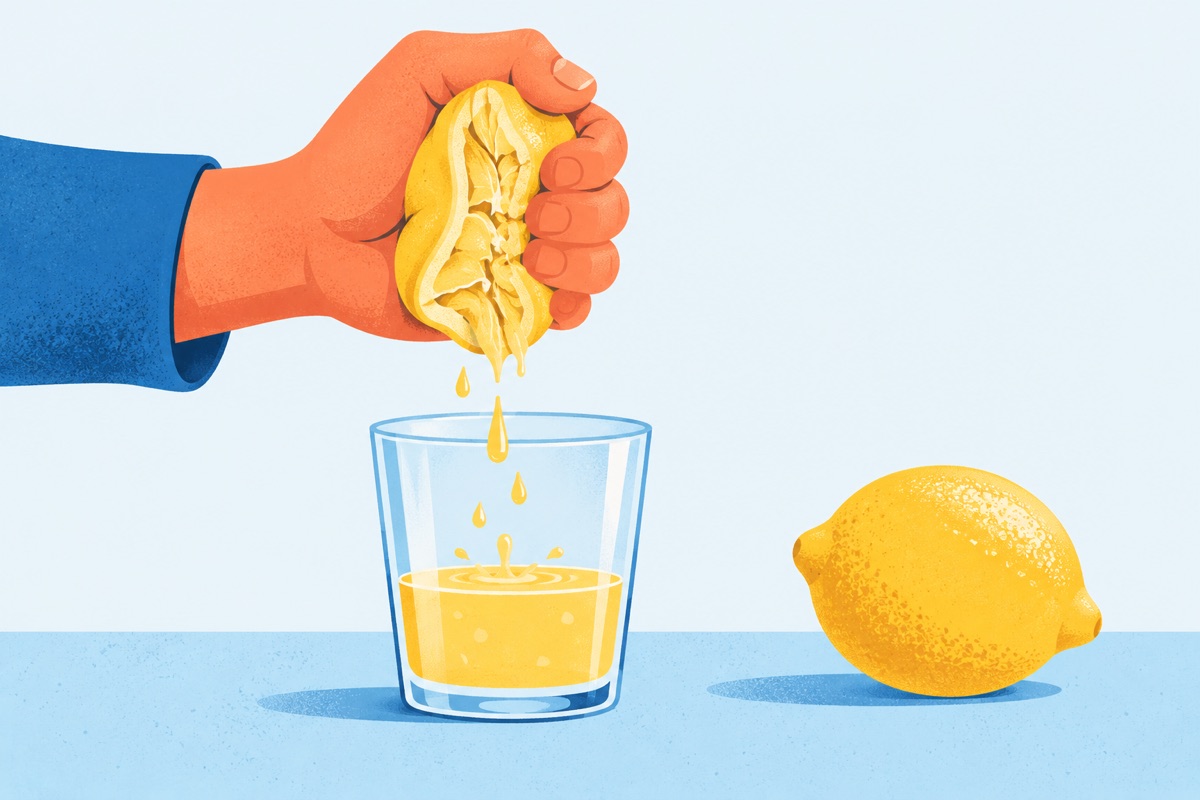 A hand squeezing one lemon completely flat over a glass while a second lemon sits untouched on the counter beside it.