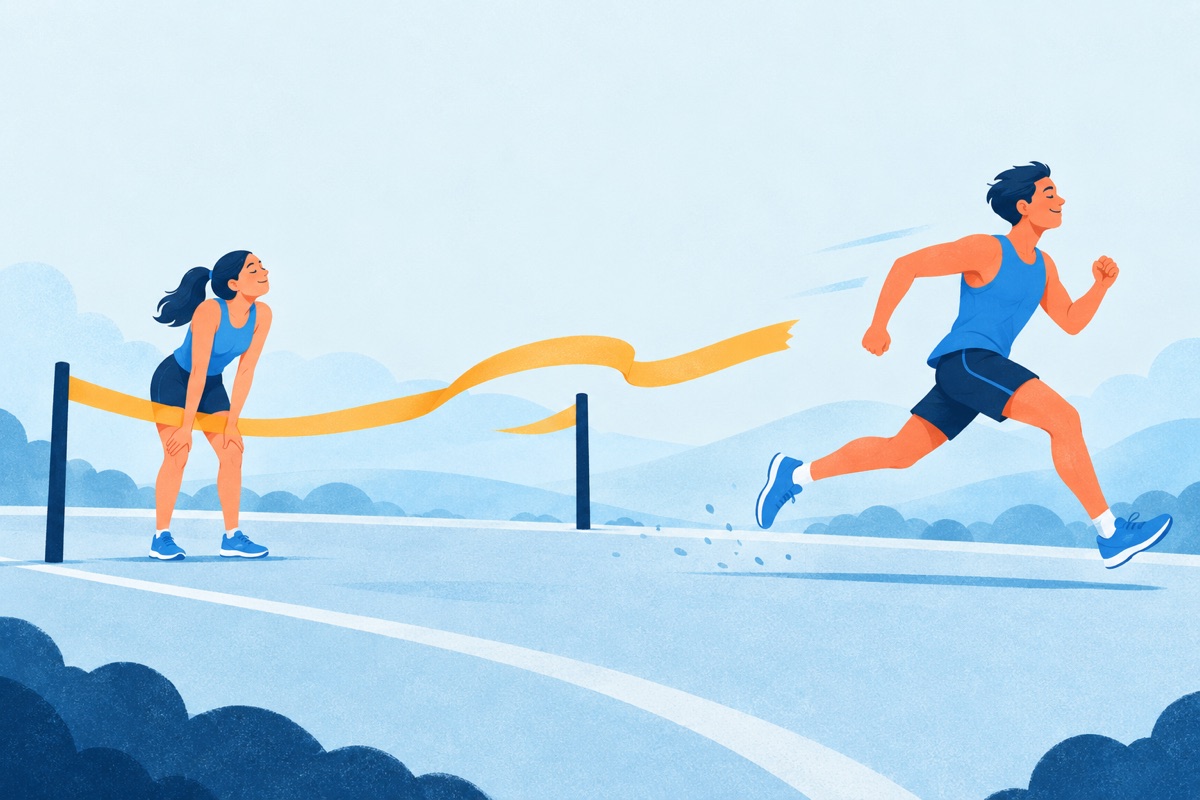 A runner crosses a finish line tape and keeps sprinting far past it, while a second runner stands calmly just past the tape catching their breath.
