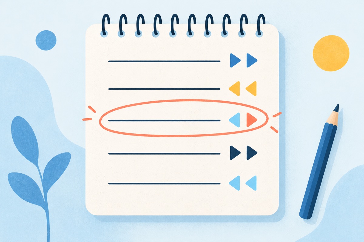 A notepad page with five short rows, each row ending in two small symbols, and only one row where the two symbols point opposite ways is circled.