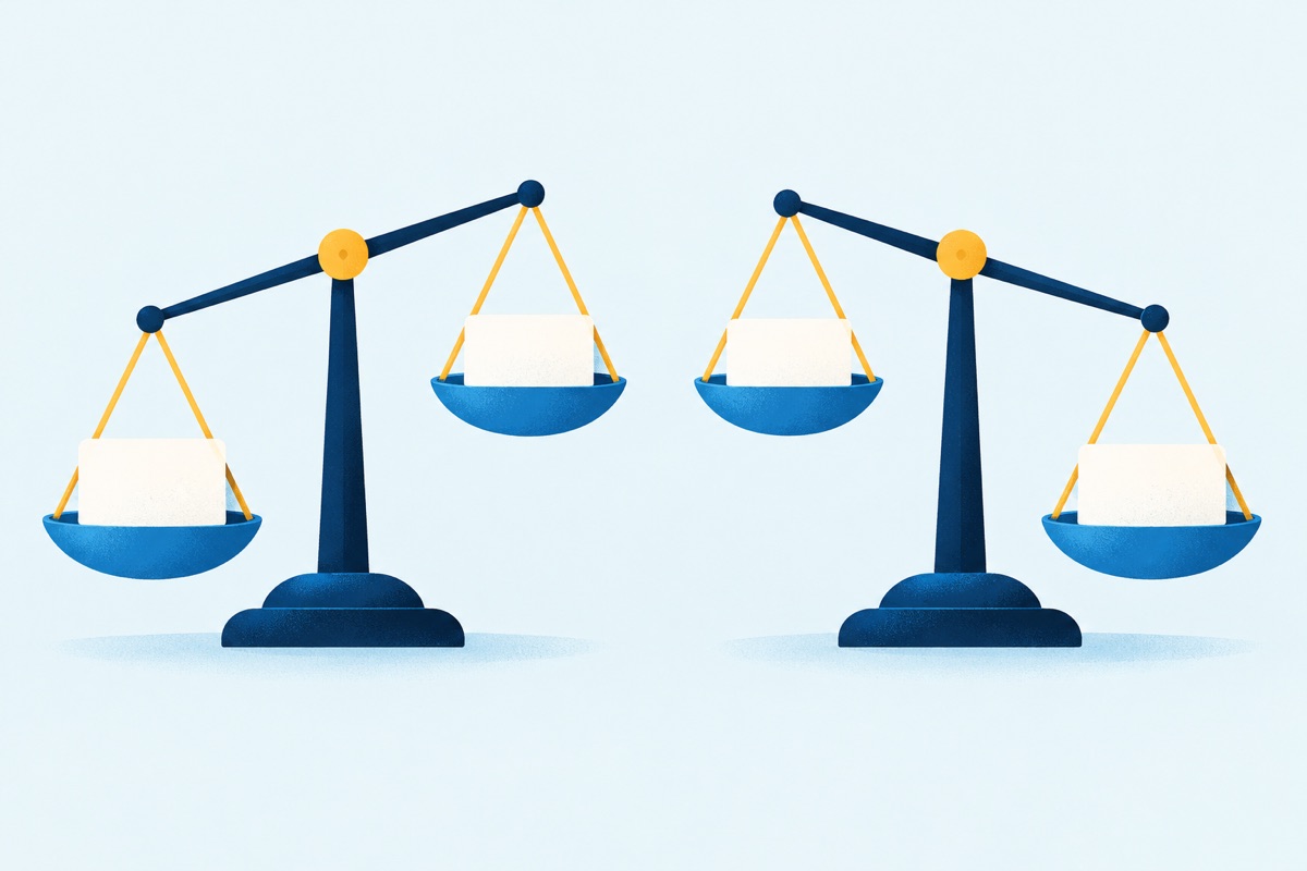 A balance scale shown twice side by side, with the same card on it: in the first picture the scale tips sharply left, in the second it tips sharply right.