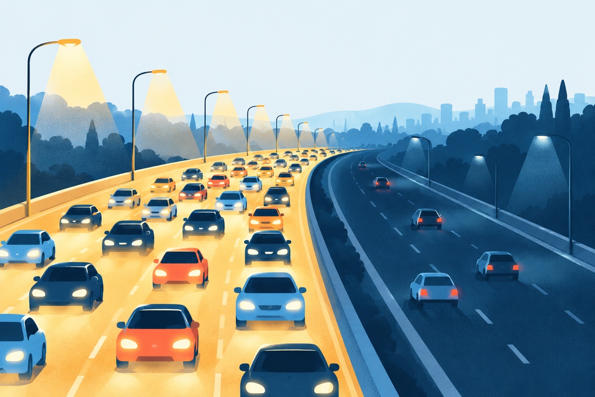 A brightly lit road at night packed with far more cars than the same road under dim lights beside it.