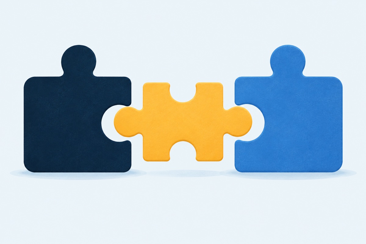 Two puzzle pieces that clearly do not fit each other, joined neatly by a third piece that slides in between them.