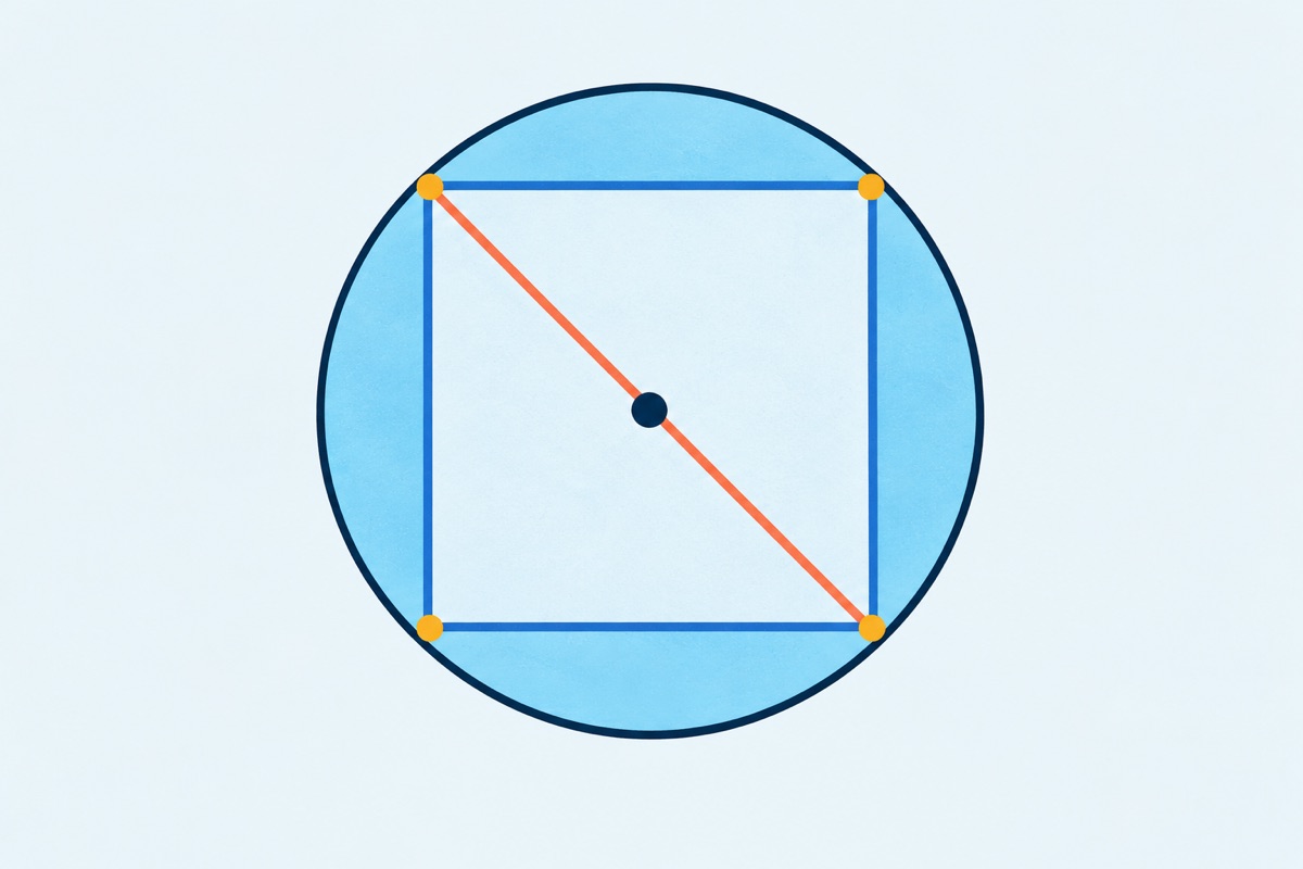 A circle with a square inside it, the square's four corners touching the circle, and one line running corner to corner through the center of the circle.