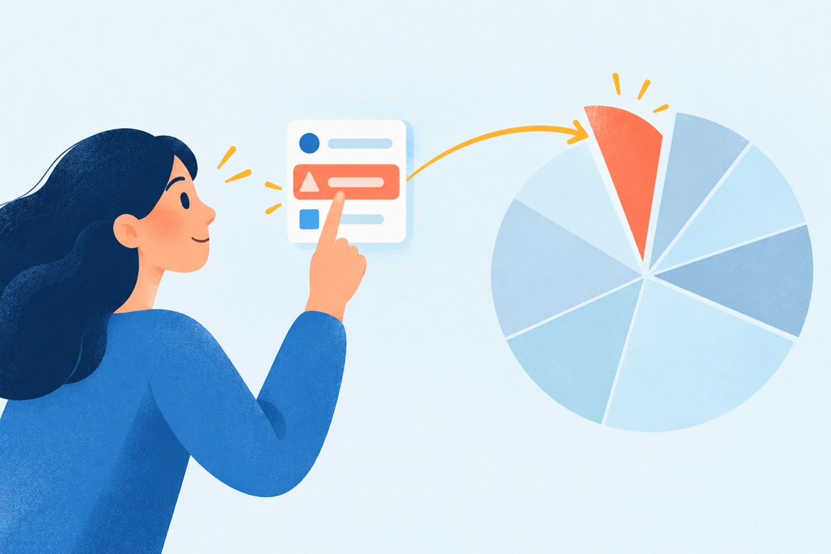 A person's gaze goes first to a small open menu, then to one small bright slice of a large busy chart while the rest of the chart is faded out.