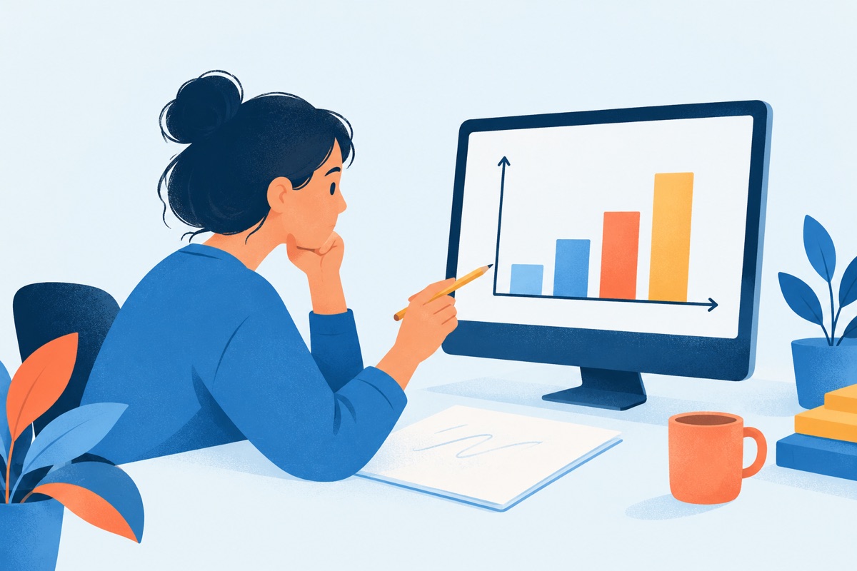 A person at a desk pausing with a pencil over scratch paper while a graph sits on the screen, the pencil pointing at the edge of the graph rather than its bars.