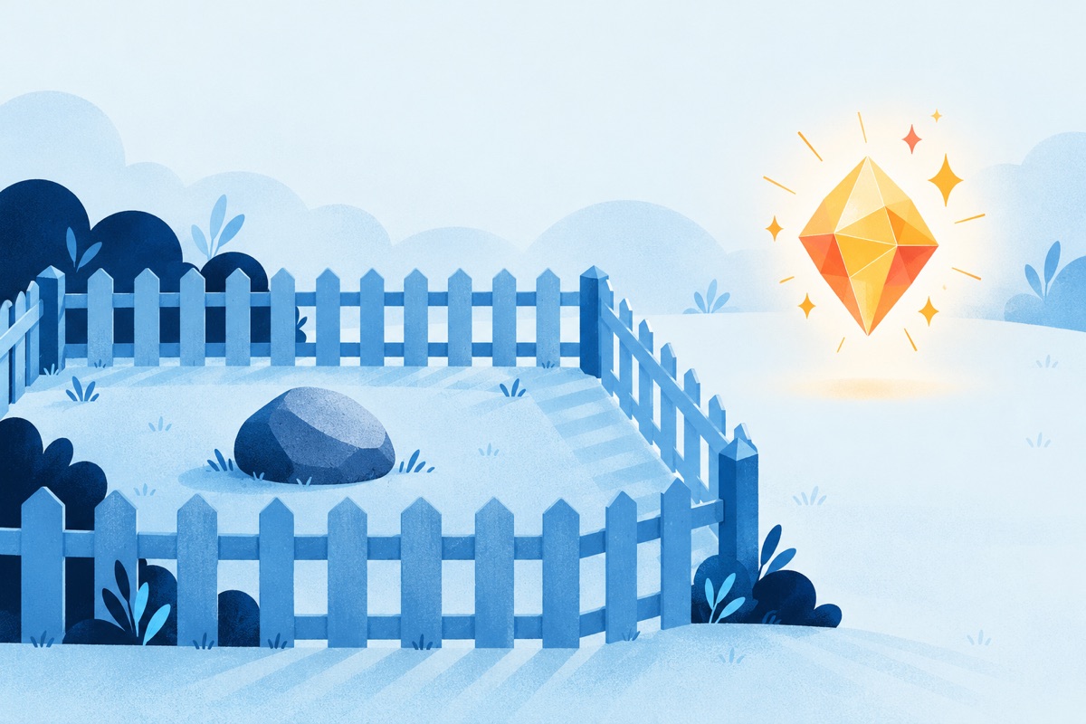 A plain gray stone sits safely inside a fenced yard while a shiny glowing gem floats just outside the fence, out of reach.