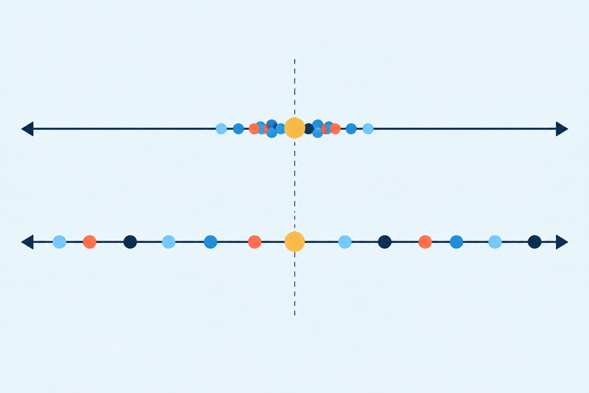 Two number lines stacked one above the other, each with the same center point; the top line has dots bunched tightly around the center and the bottom line has dots scattered far out to both sides.