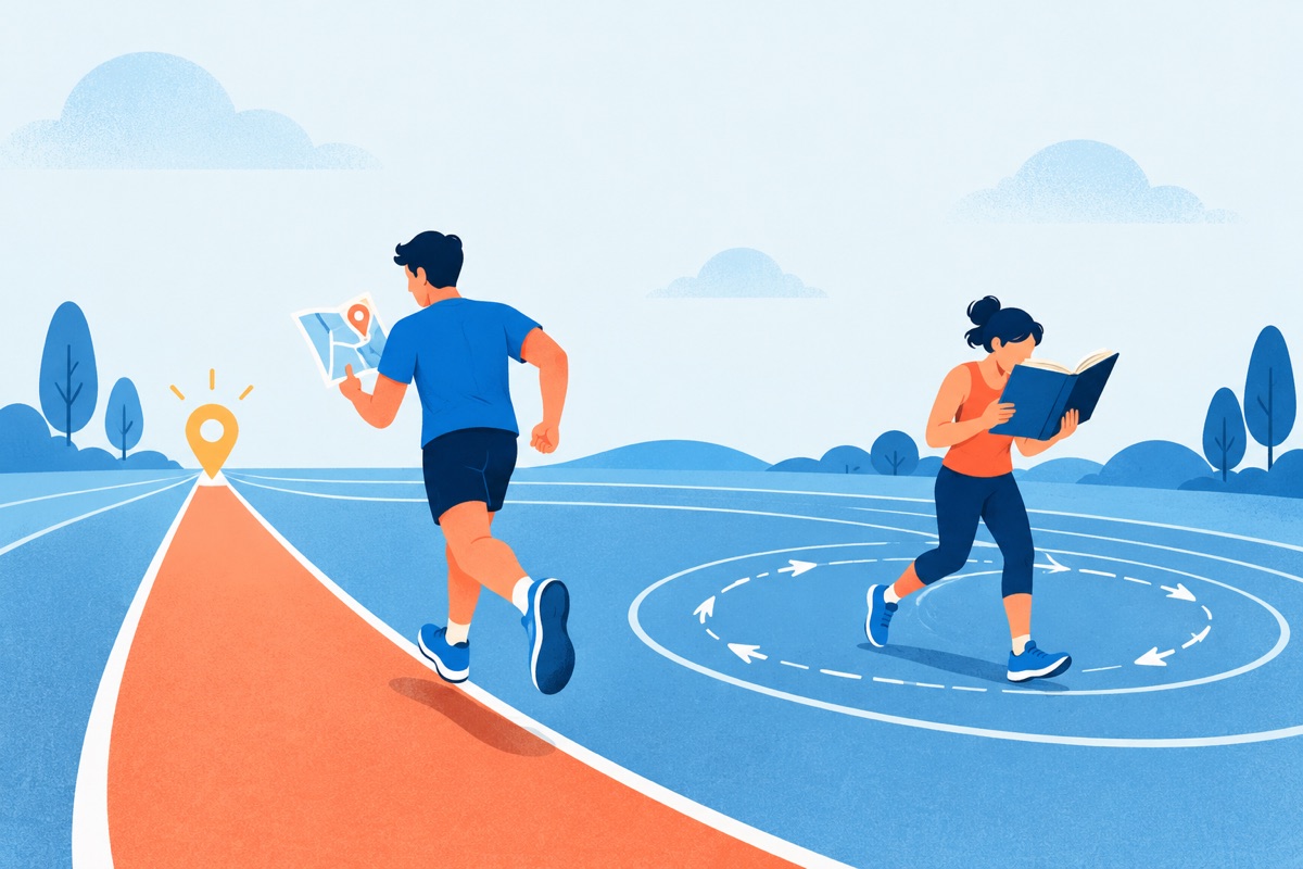A runner on a track glances at a small map in one hand and heads straight for a single marked spot, while another runner nearby wanders in circles reading a thick book.