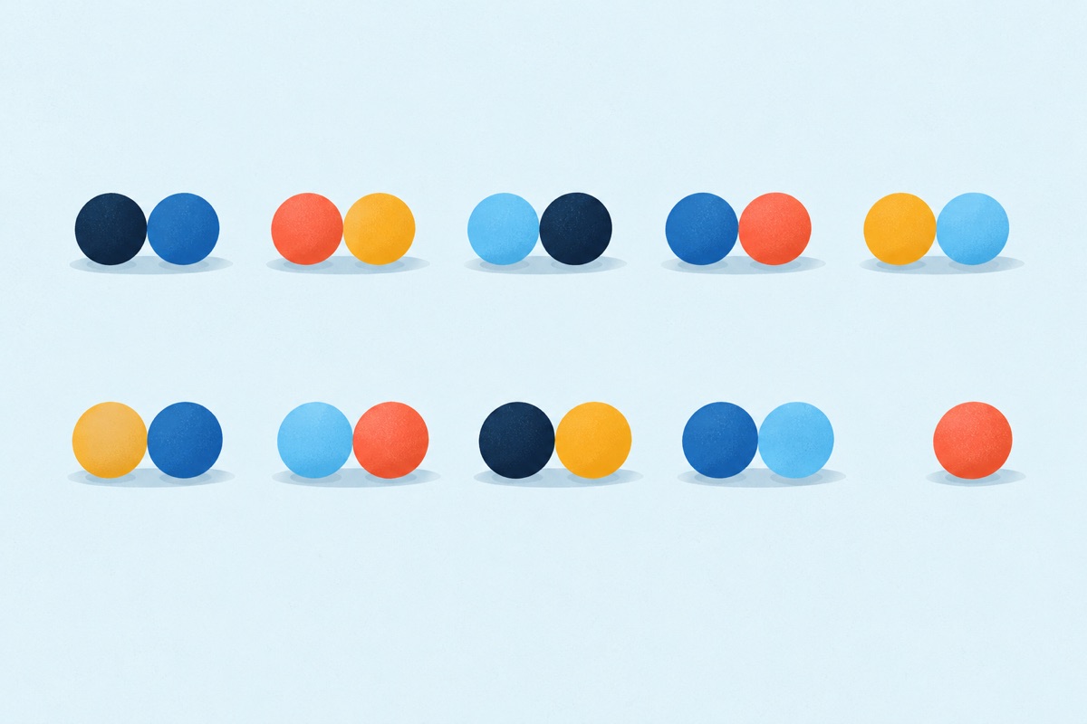 Two rows of dots arranged in pairs: in one row every dot has a partner, in the other row a single dot sits alone at the end.