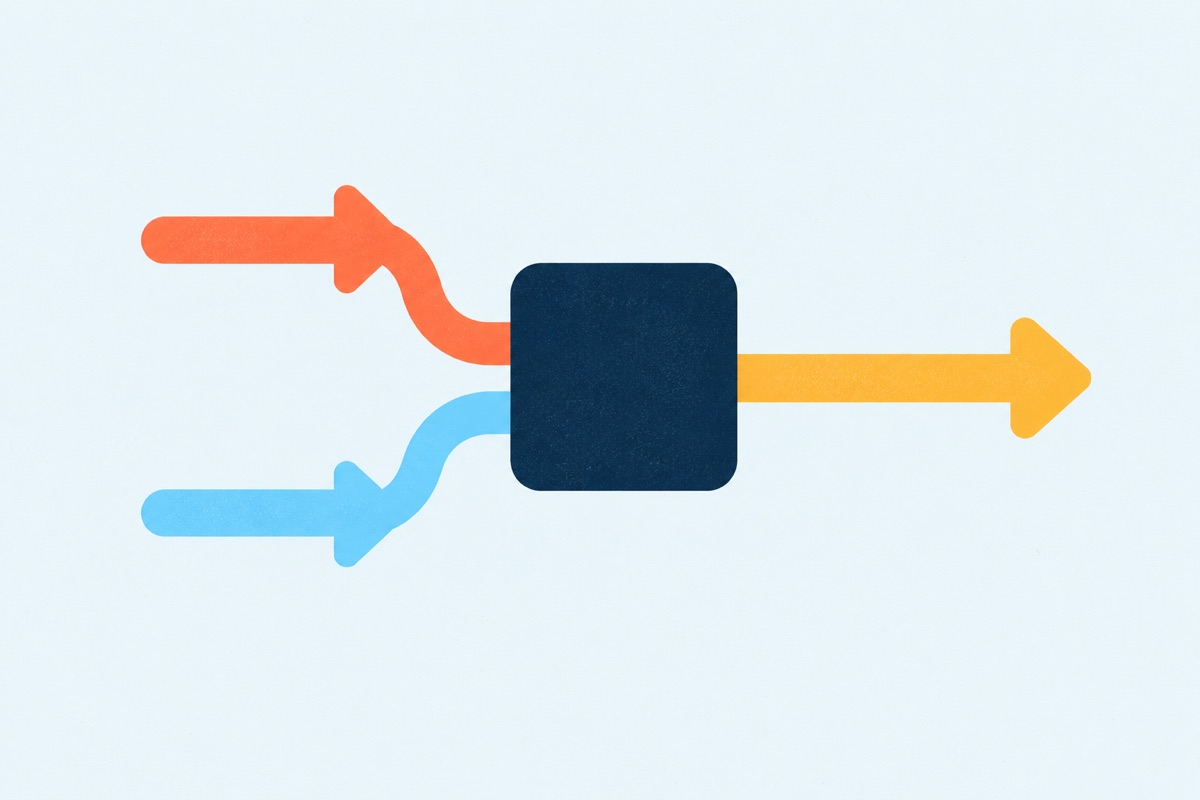 A small arrow pointing left and a small arrow pointing right both feed into a square shape, and only a single arrow pointing right comes out the other side.