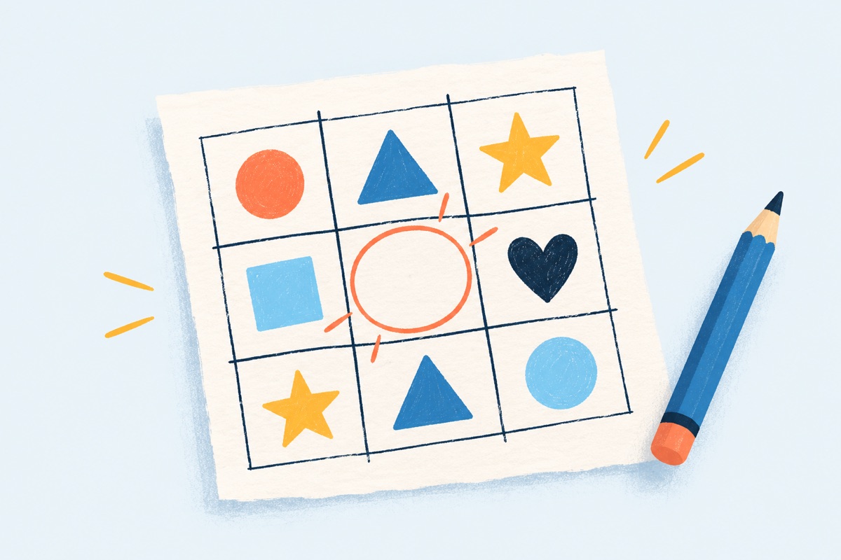 A hand drawn three by three grid on scratch paper, with a few boxes filled in and one empty inside box circled.