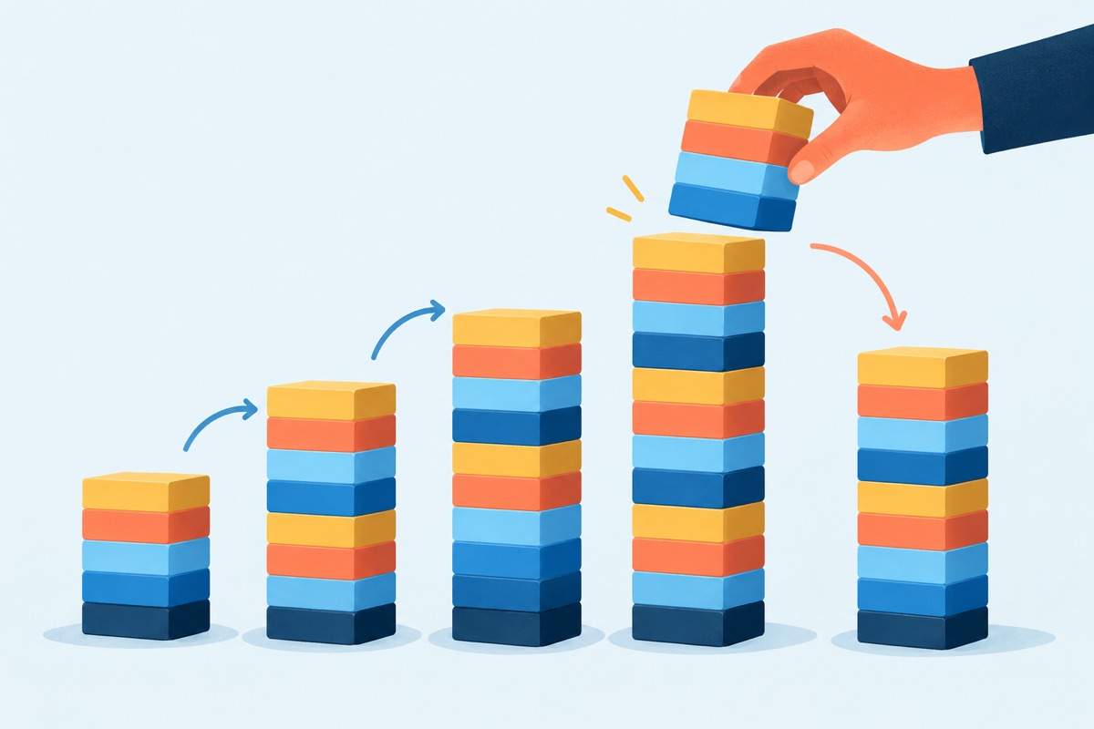 A tall stack of identical blocks grows taller as blocks are added, then a larger slice is lifted off the top, leaving the stack a little shorter than where it began.