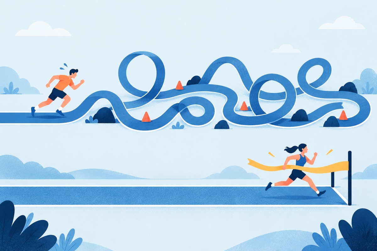 Two runners on parallel tracks, one tangled up in a long winding path full of loops, the other on a short straight path already crossing the finish line.