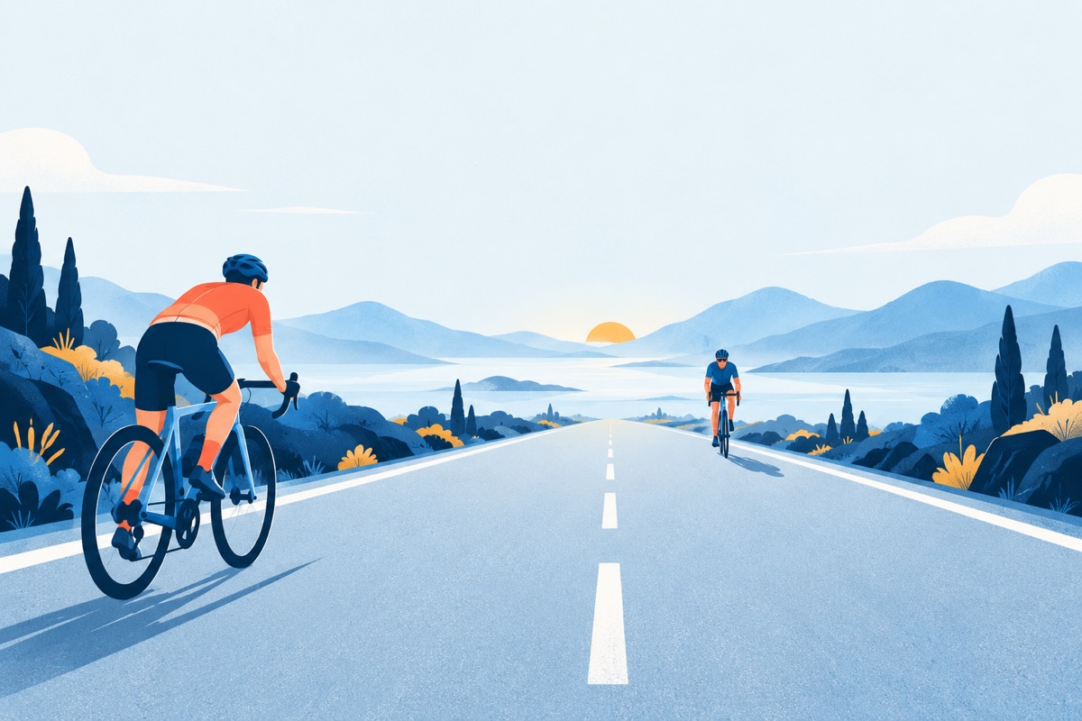 Two cyclists on a long straight road riding toward each other, one already a short way down the road while the other is just pushing off.