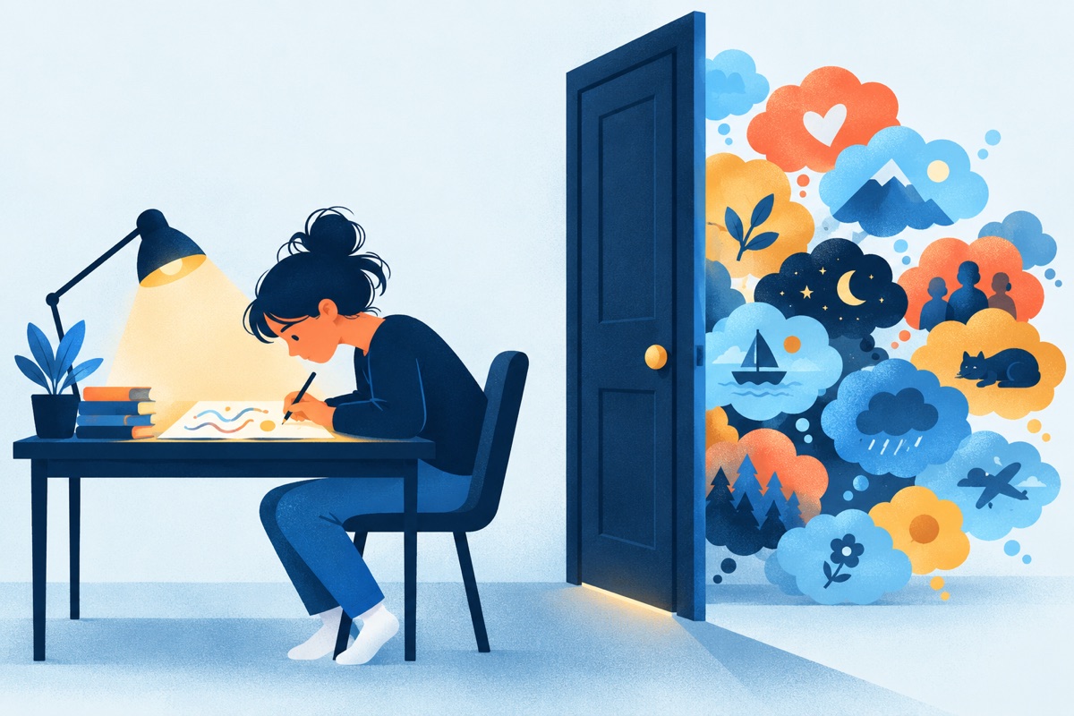 A test taker at a desk leans toward a single glowing open page, while a crowd of their own thought clouds waits outside a closed door behind them.