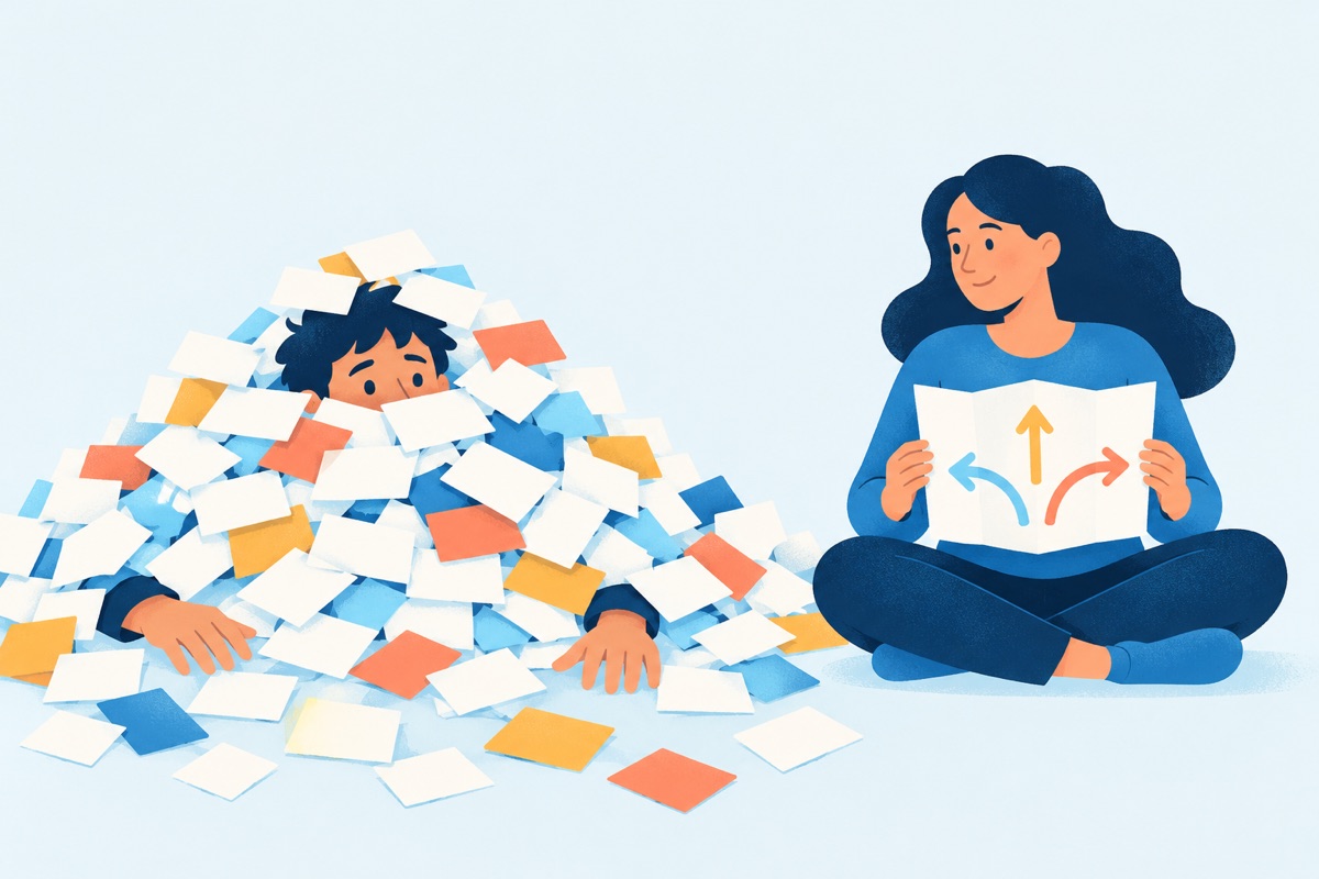 A person buried under a tall pile of tiny scattered note cards sits beside a calm person holding one small map with three arrows on it.