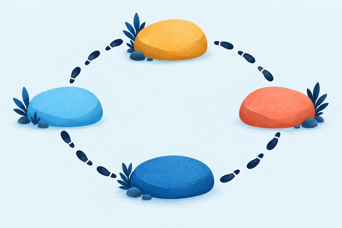 Four stepping stones arranged in a loop, with footprints walking around the loop and starting over at the first stone.
