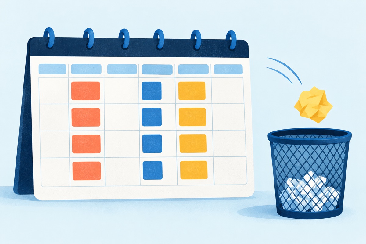 A wall calendar with study blocks colored in on the same days each week, next to a crumpled sticky note tossed in a trash can.