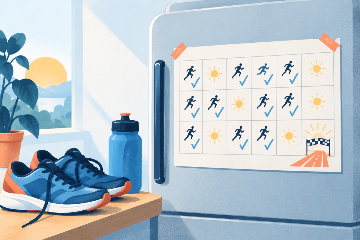 A runner's training plan taped to a fridge, with most days checked off and a finish line drawn at the end of the grid.