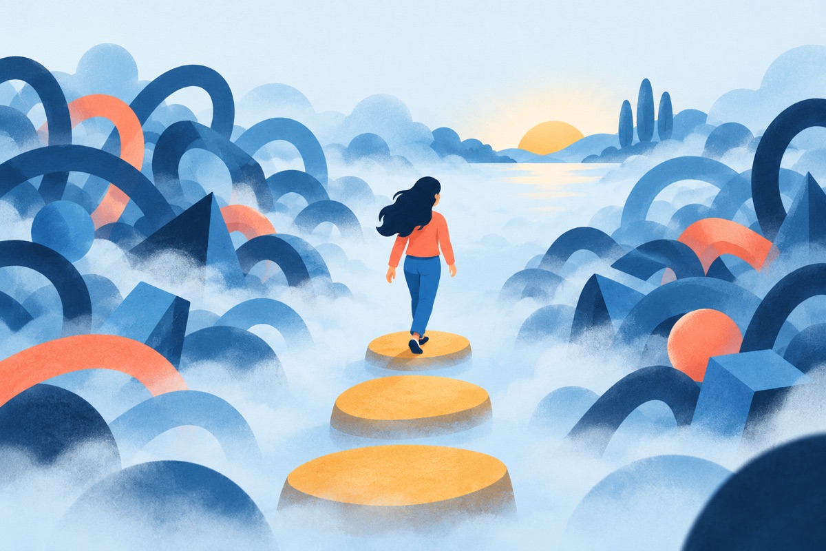 A thick fog of tangled shapes fills the background while a clear, simple path of three stepping stones leads straight through it to the far side.