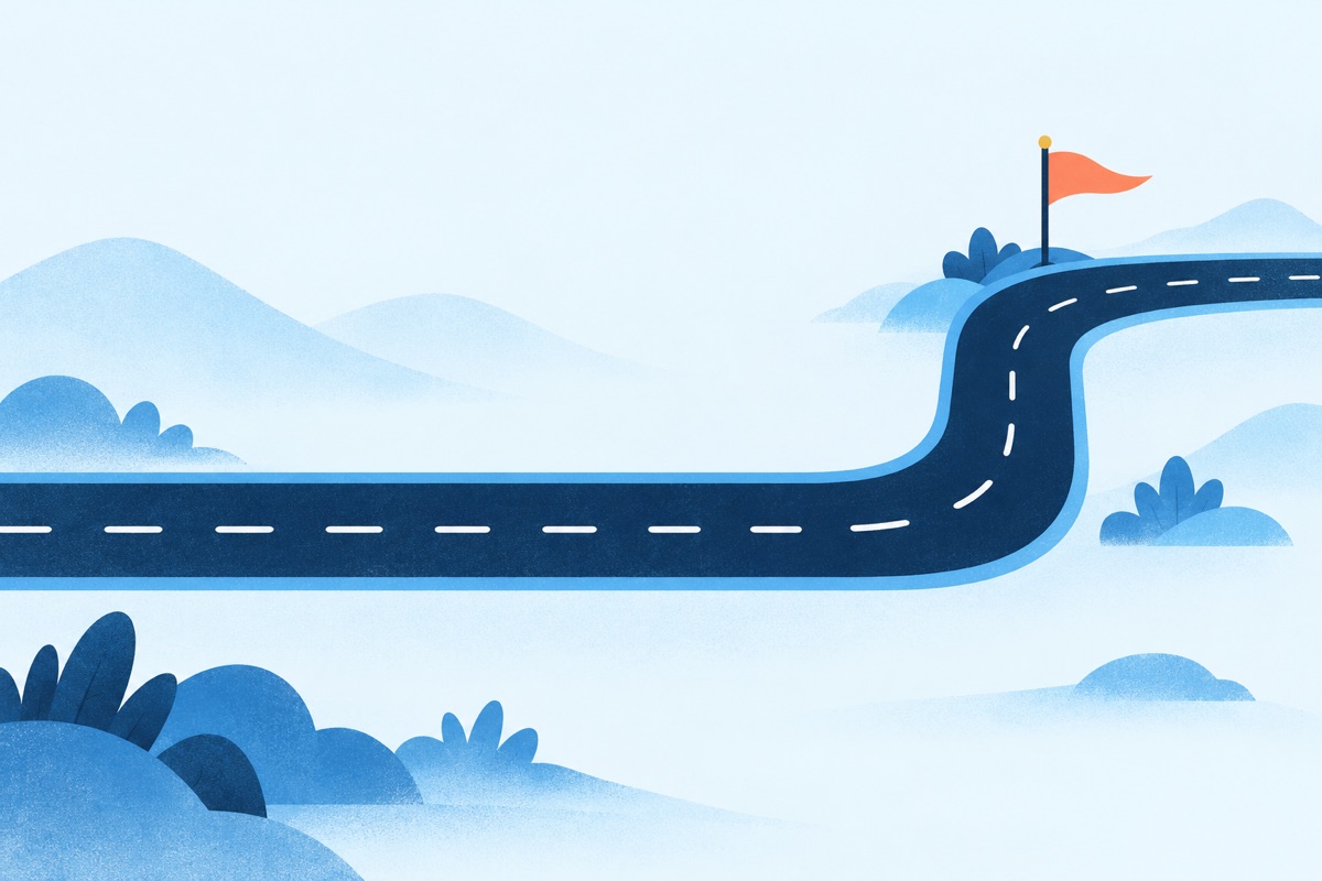 A road that runs straight, then takes one sharp bend, with a small flag planted right at the bend.