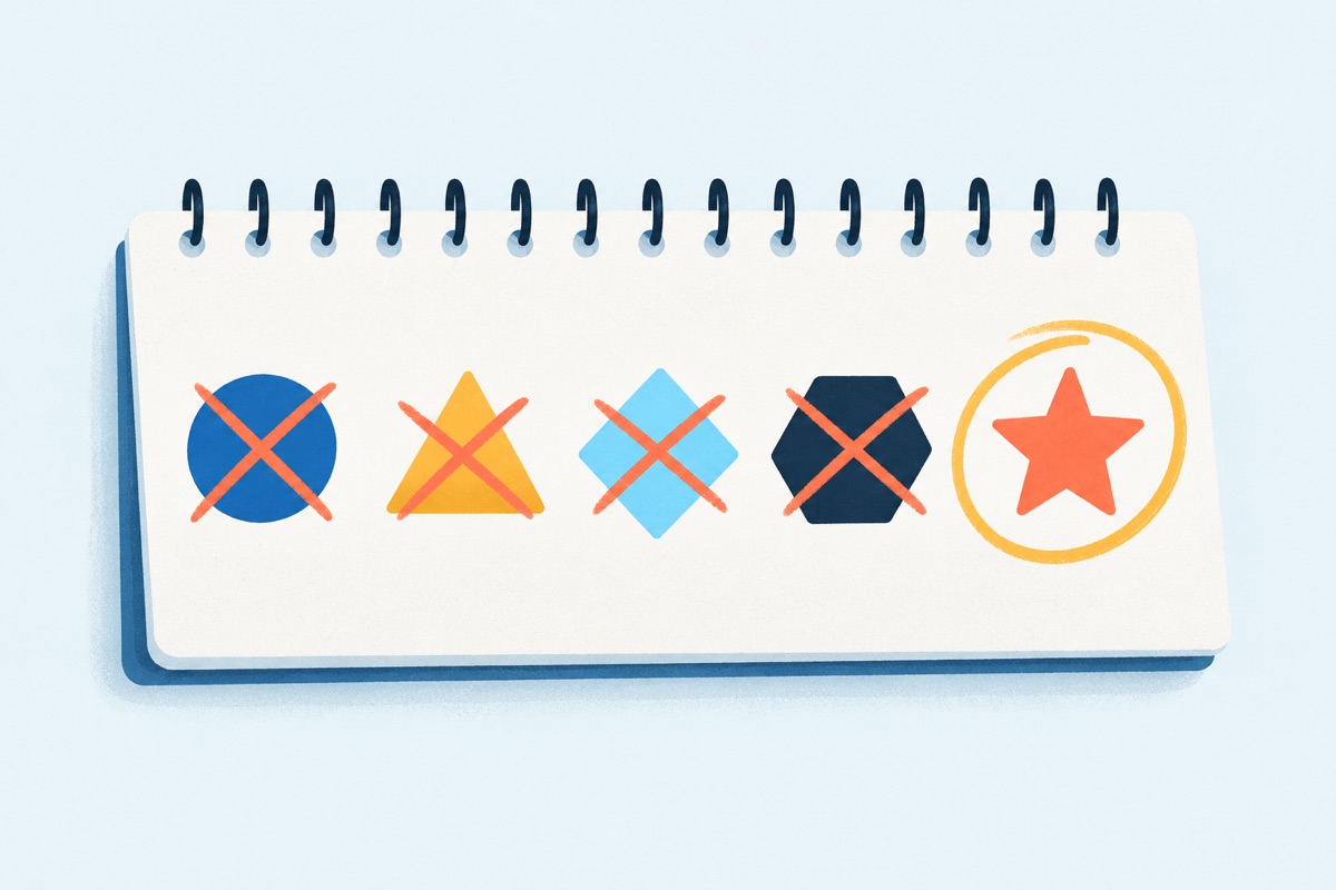 A notepad with five letters written in a row, four of them crossed out and one circled.