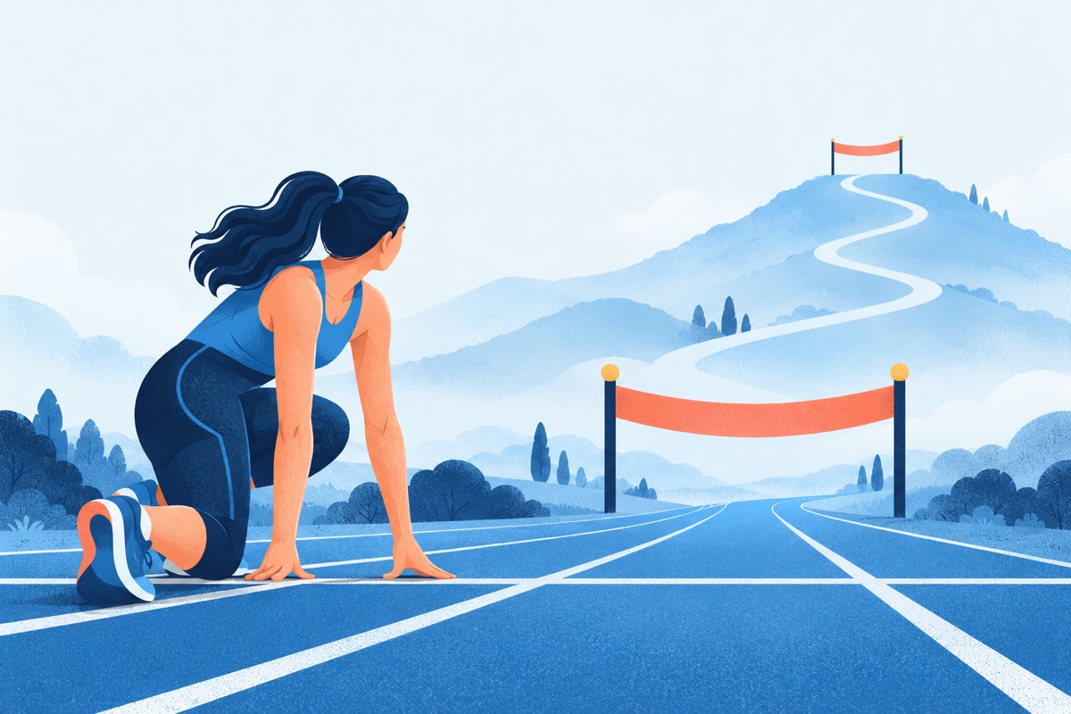 A runner at a starting line looks over a shoulder at a distant finish line on a far hill, while a nearby finish line sits right in front of the track.