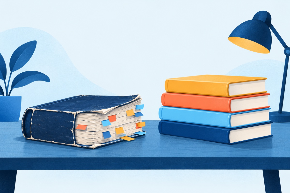 One thick book with worn edges, bent corners and many paper tabs sits on a desk, next to a stack of shiny books that have never been opened.