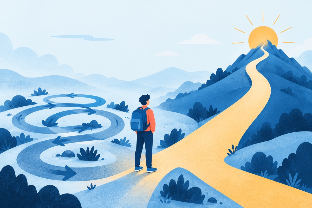 A person stands on a path that keeps looping back to the same starting point, while a single straight path beside them leads up a hill to a summit.