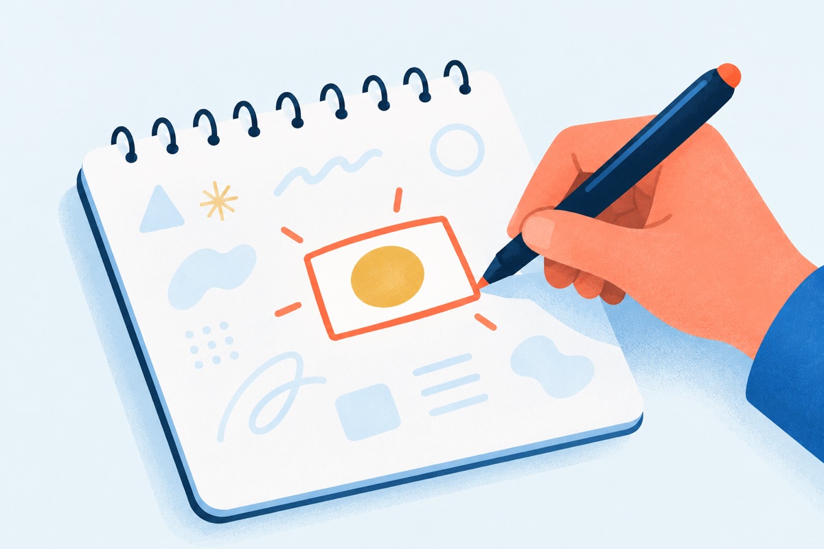 A hand draws a bold box around one item on a notepad while the other scribbles on the page fade into the background.