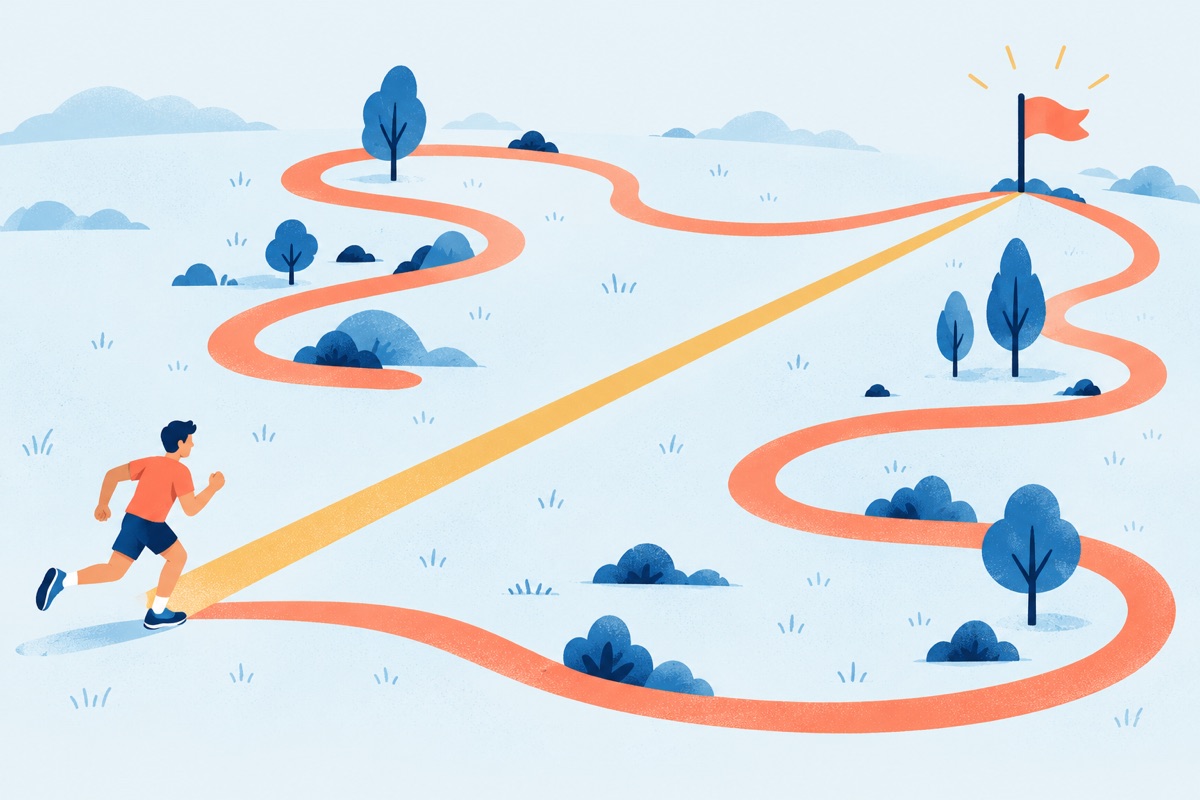 A runner takes a long looping detour around a wide field while a short straight path leads directly to the same finish flag.