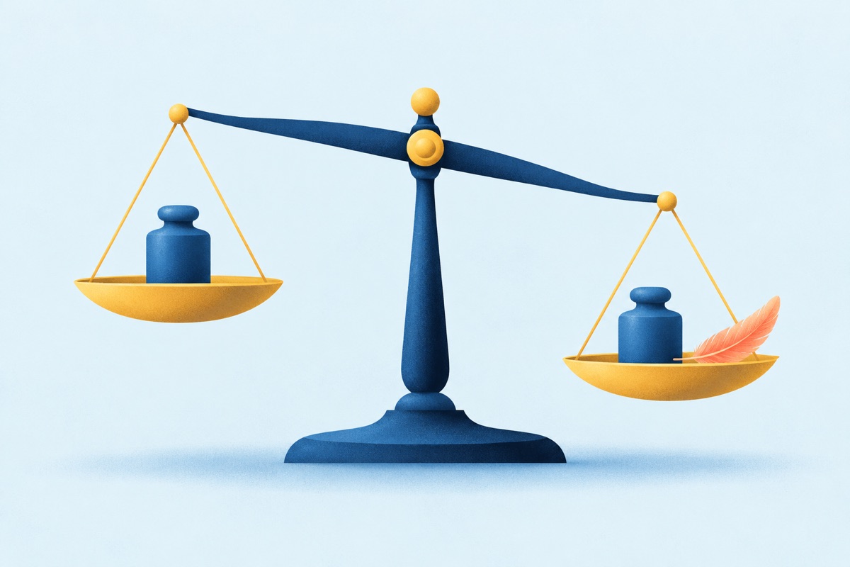 A balance scale holding two equal weights, with a single small feather resting on one side so the scale tips only slightly.