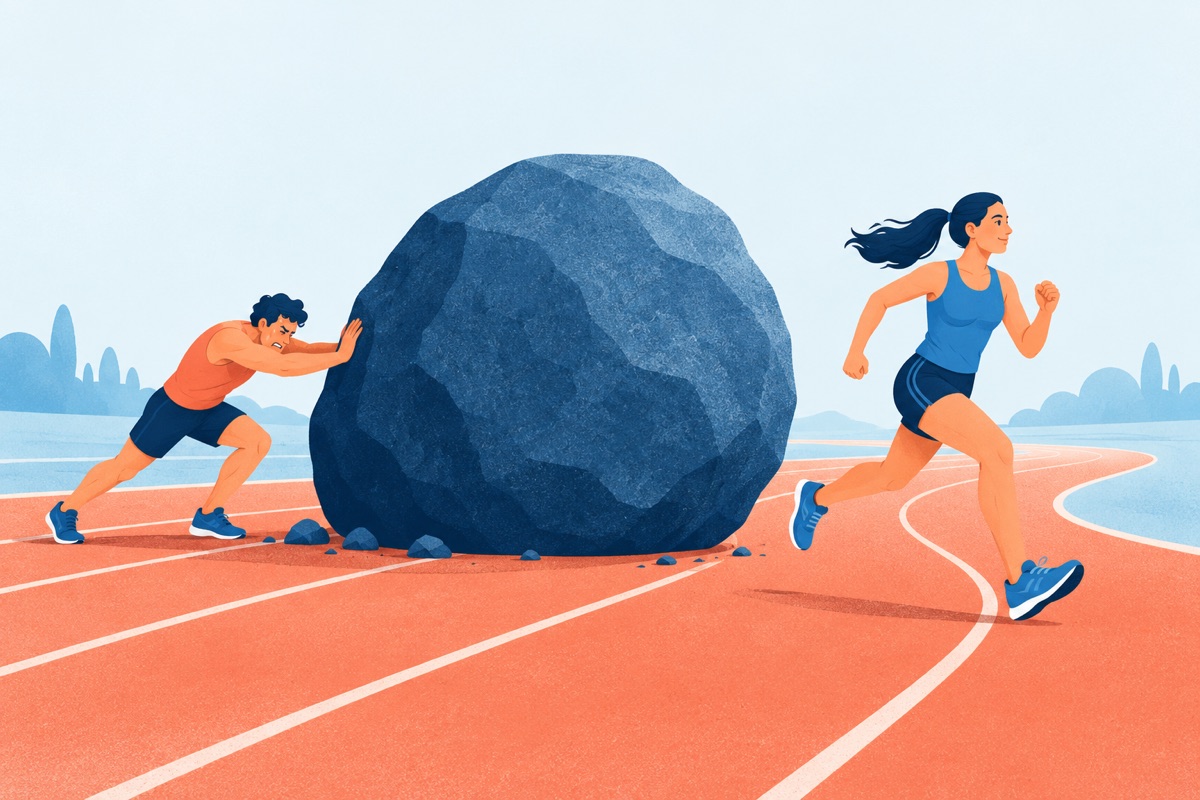A runner on a track steps around a huge boulder and keeps running while another runner behind her strains to push the same boulder and goes nowhere.