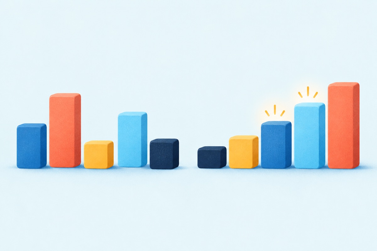 A jumbled row of blocks of different heights beside the same blocks lined up from shortest to tallest, with the two middle blocks glowing.