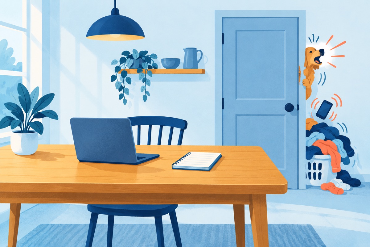 A cleared kitchen table holding only a laptop and a notepad, while a closed door in the background holds back a barking dog, a ringing phone and a pile of laundry.