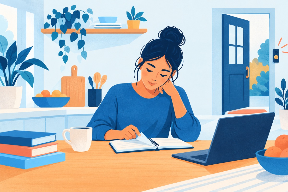 A person at a kitchen table glancing down at a notepad and instantly finding their place, while a doorbell rings in the background.