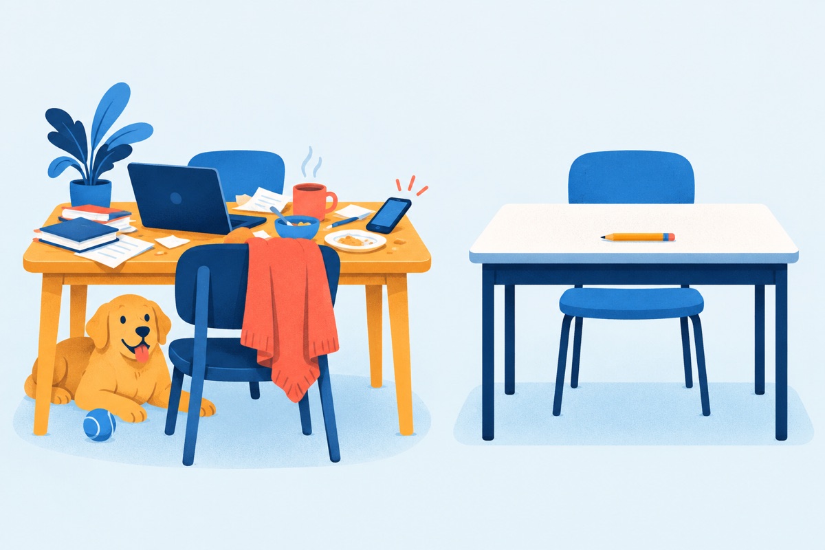Two desks side by side: a cluttered kitchen table with a dog, a ringing phone and a coffee mug, and a bare test center desk with a single pencil.