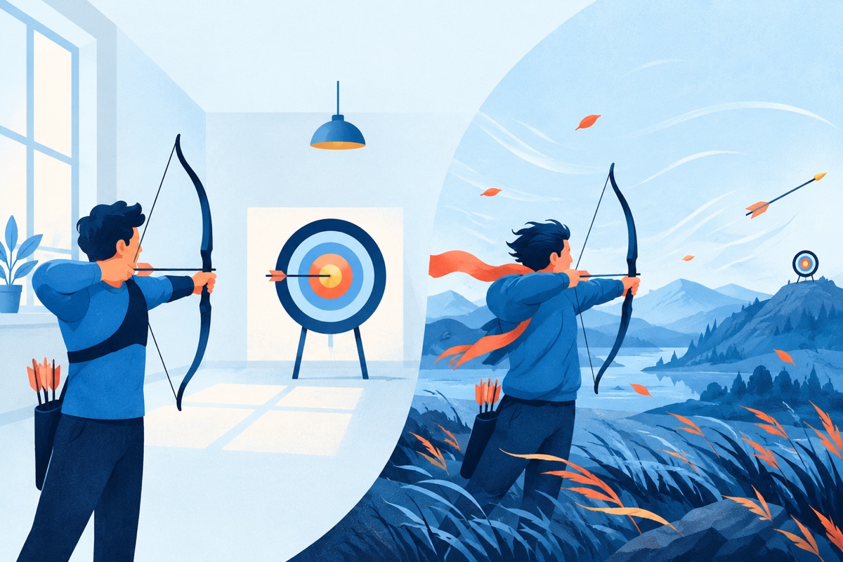 An archer hits the center of a target in a calm indoor room, then the same archer misses badly outdoors in strong wind at a target set much farther away.