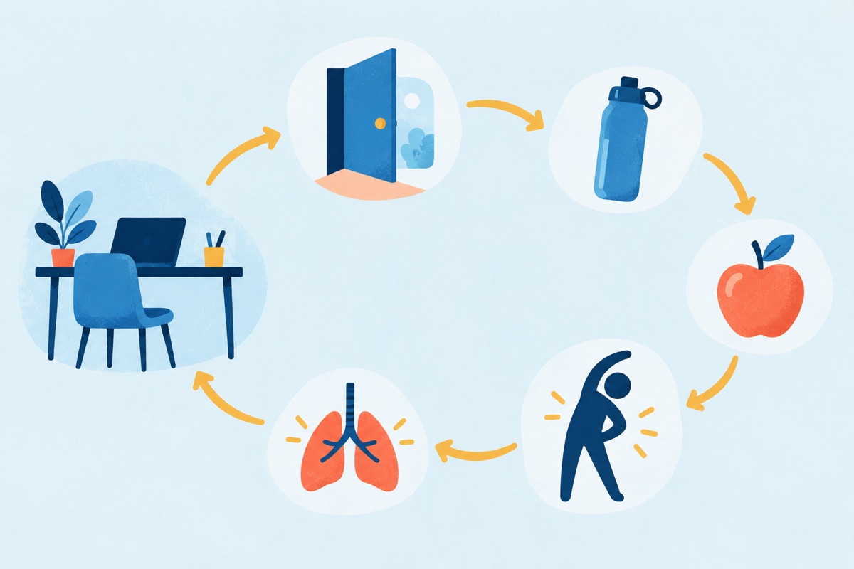A simple loop of five small icons in order: a door, a water bottle, an apple, a stretching figure and a pair of lungs, with an arrow pointing back to a desk.