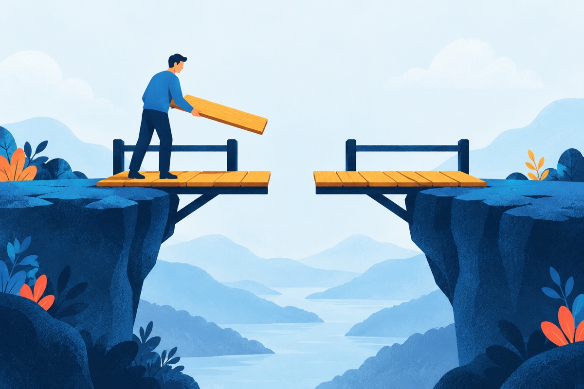 Two cliff edges joined by a wooden bridge that is missing its middle plank, with a person standing beside the gap holding that plank, ready to fit it in.