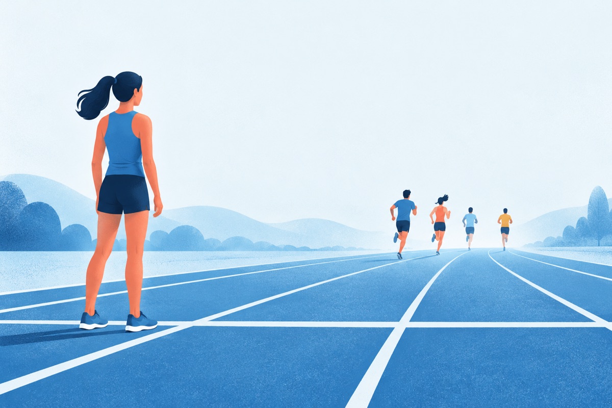 A runner stands frozen at a starting line on a track while other runners have already left and are far down the lane.